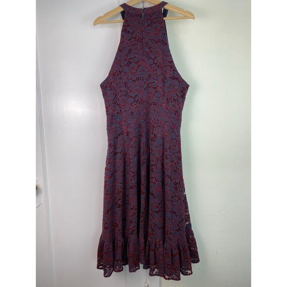 Modcloth Women's 18 Blue Red Floral Lace Overlay Night Like This Halter Dress - Picture 5 of 8